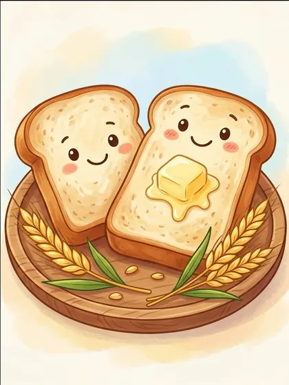 빵 껍질 브라운·버터 옐로우·밀 이삭 골드·소프트 블루 배색으로 칠한 식빵과 버터 컬러 참고본