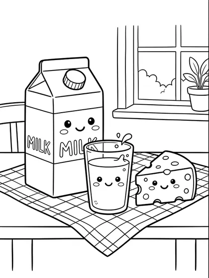 Dibujo en blanco y negro de leche y queso para colorear