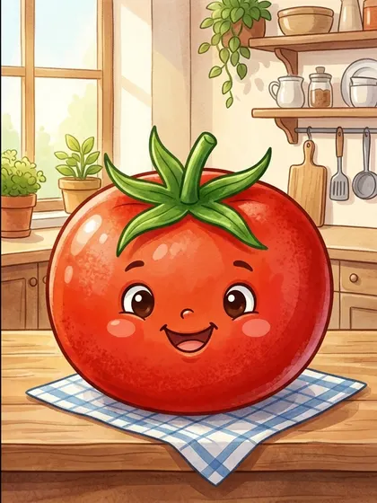토마토 루비레드·꼭지 에메랄드그린·체크보 스카이블루 배색으로 칠한 토마토 컬러 참고본