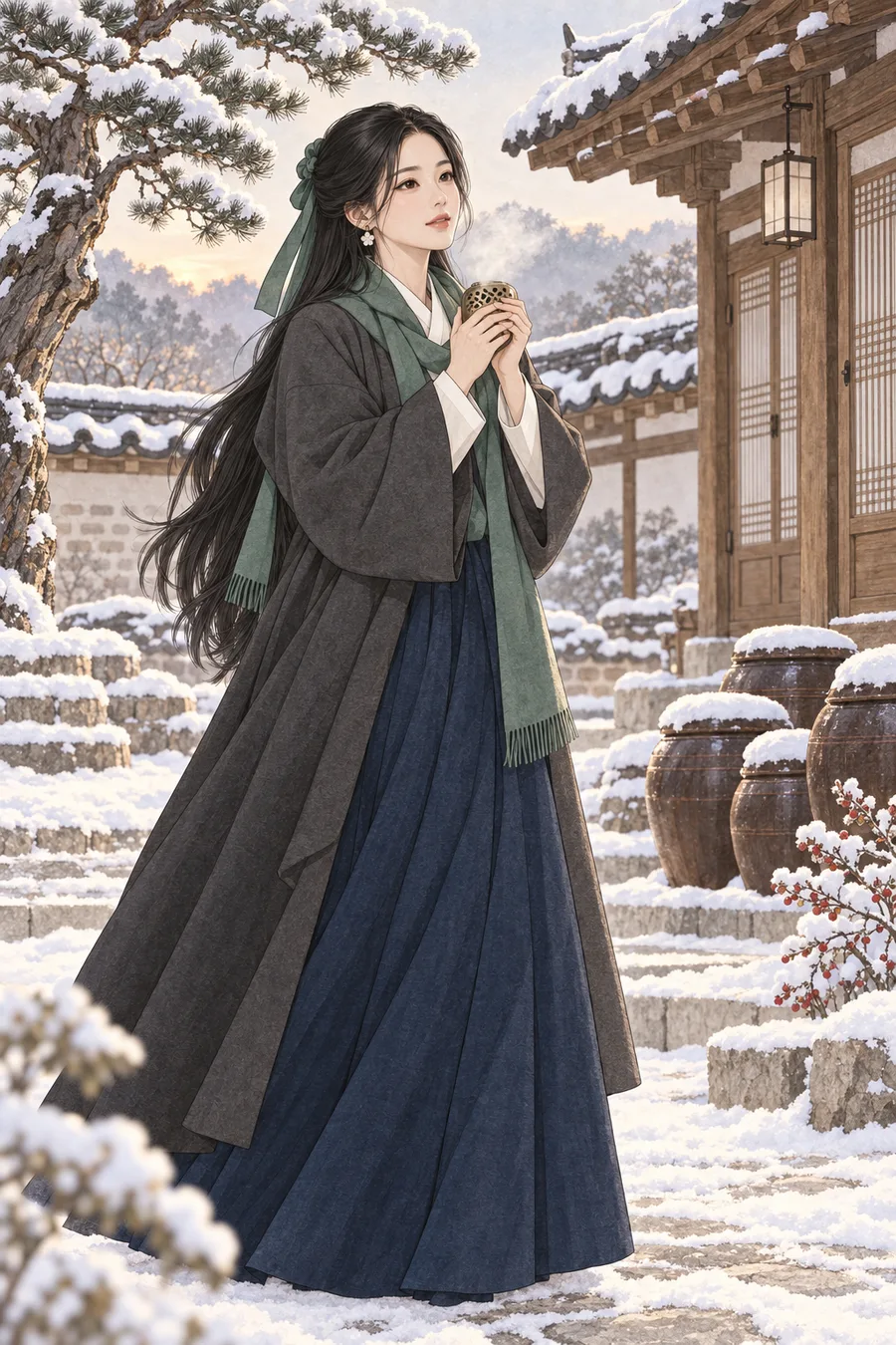 Modelo en color de patio nevado de un hanok para colorear, Haewon enero