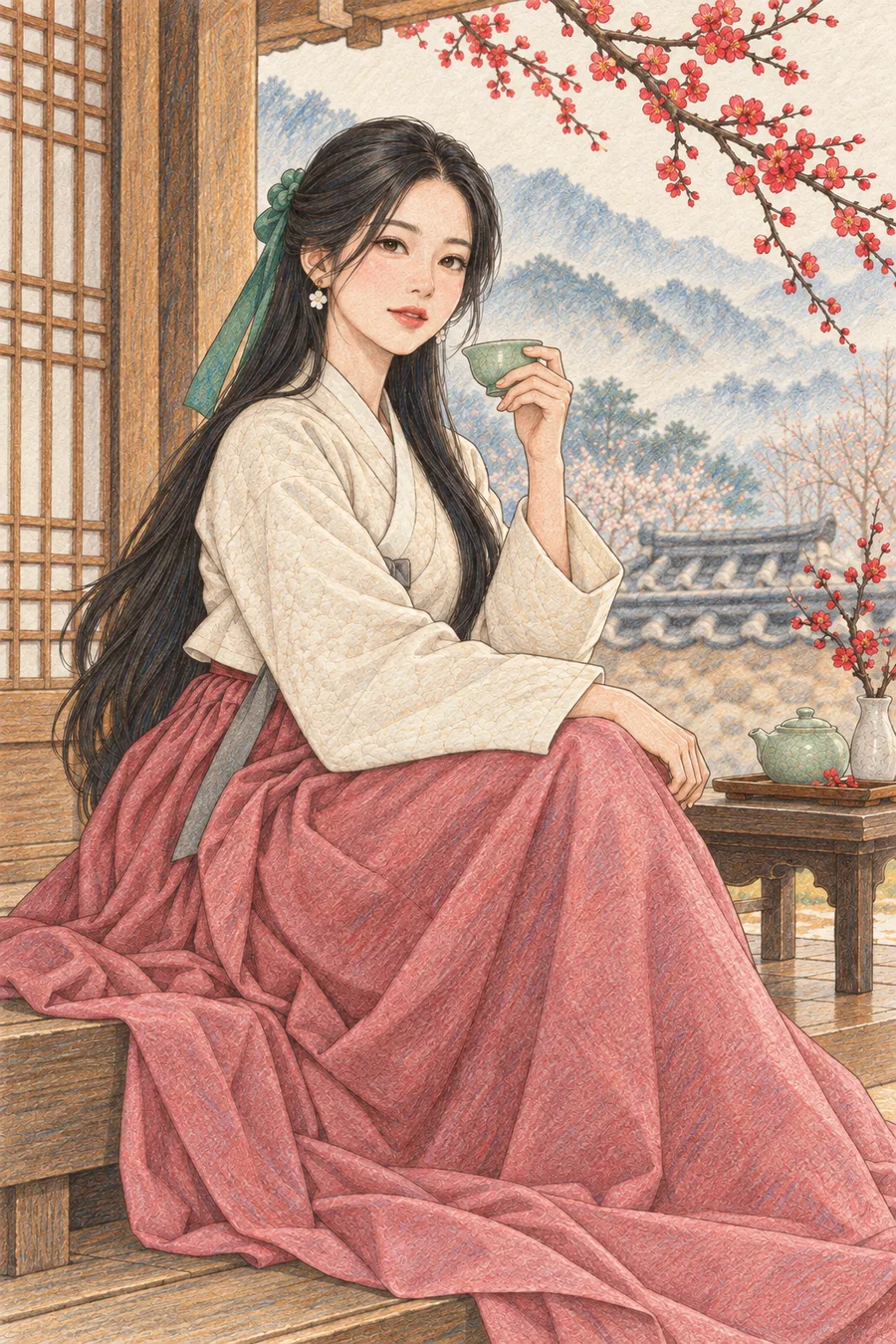 매화와 전통 찻자리 색칠공부 색연필 예시 - 매화가 핀 한옥 툇마루에서 청자 찻잔을 든 긴 검은 머리의 해원을 원본 구도로 유지해 따뜻한 종이 질감과 겹친 색연필 선으로 다시 그린 일러스트