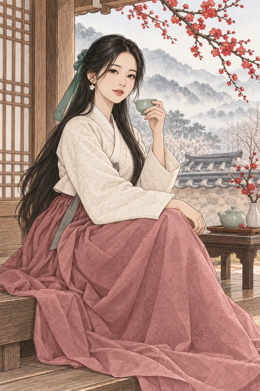 Modelo en color de flores de ciruelo y té coreano para colorear, Haewon febrero