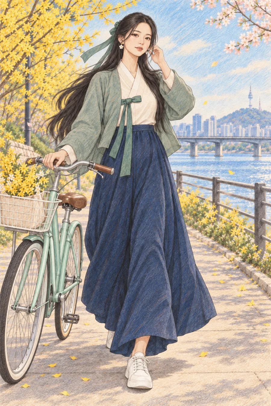 개나리 핀 한강 산책길 색칠공부 색연필 예시 - 개나리가 핀 한강 산책길에서 자전거와 함께 봄을 맞는 긴 검은 머리의 해원을 원본 구도로 유지해 따뜻한 종이 질감과 겹친 색연필 선으로 다시 그린 일러스트
