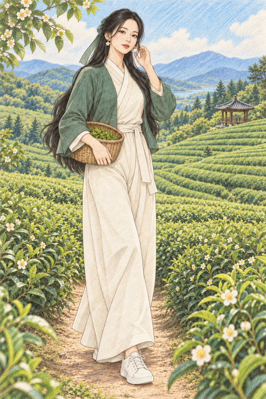 초록빛 한국 차밭 색칠공부 색연필 예시 - 초록 차밭과 정자를 배경으로 찻잎 바구니를 든 긴 검은 머리의 해원을 원본 구도로 유지해 따뜻한 종이 질감과 겹친 색연필 선으로 다시 그린 일러스트