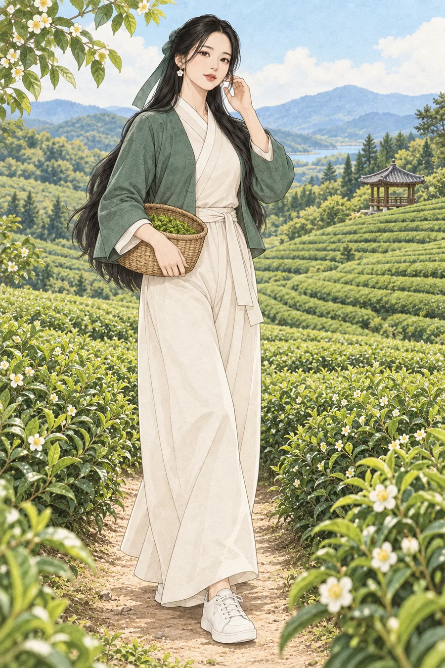 초록빛 한국 차밭 색칠공부 컬러 예시 - 초록 차밭과 정자를 배경으로 찻잎 바구니를 든 긴 검은 머리의 해원