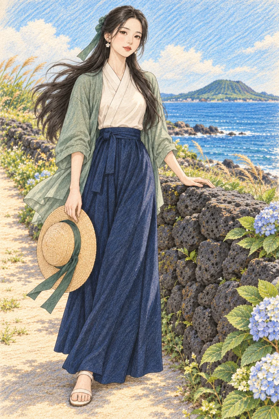 제주 돌담과 여름 바다 색칠공부 색연필 예시 - 제주 현무암 돌담과 바다 앞에서 밀짚모자를 든 긴 검은 머리의 해원을 원본 구도로 유지해 따뜻한 종이 질감과 겹친 색연필 선으로 다시 그린 일러스트