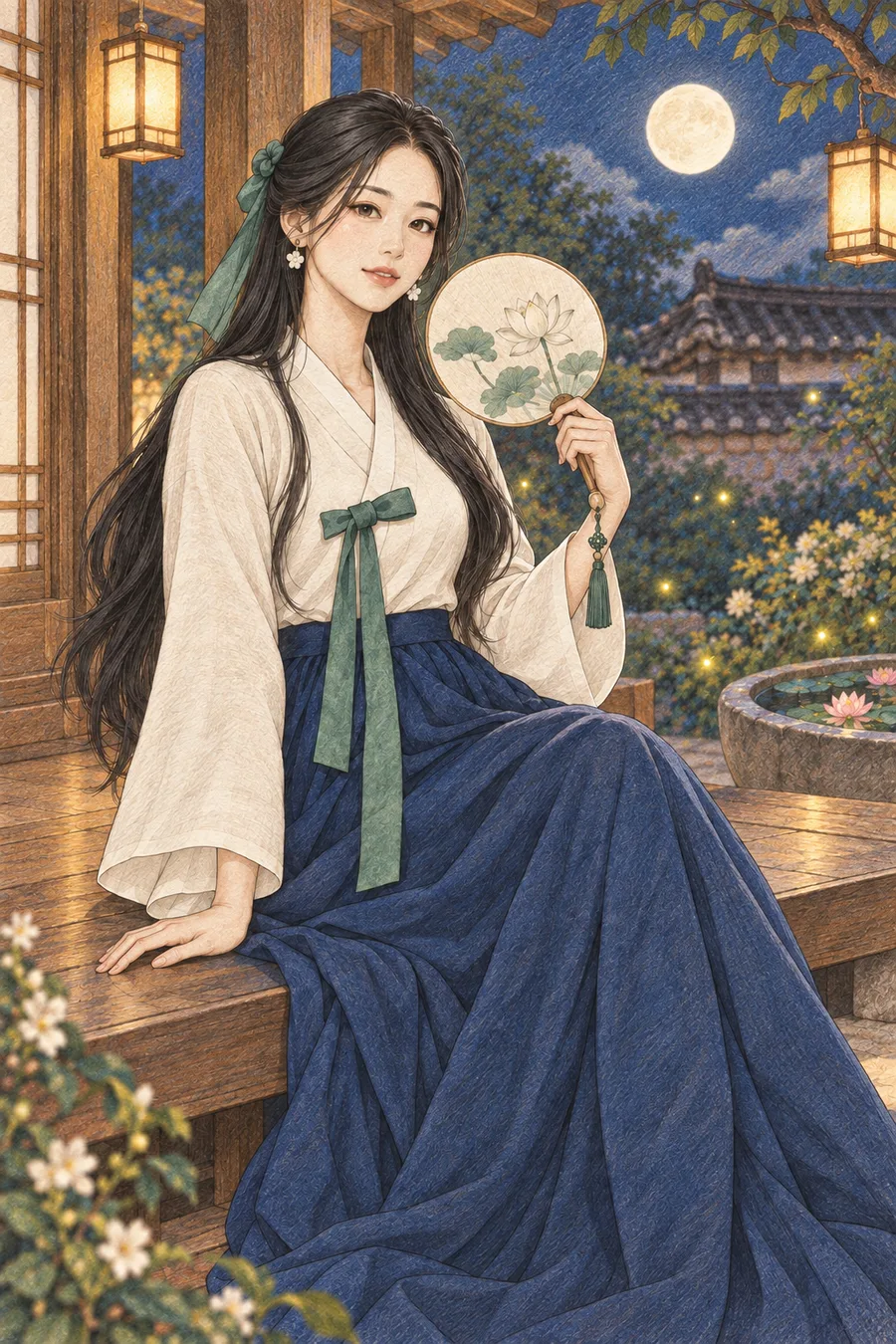 달빛 비치는 여름 한옥 마루 색칠공부 색연필 예시 - 달과 한지등이 빛나는 여름 한옥 마루에서 둥근 부채를 든 긴 검은 머리의 해원을 원본 구도로 유지해 따뜻한 종이 질감과 겹친 색연필 선으로 다시 그린 일러스트