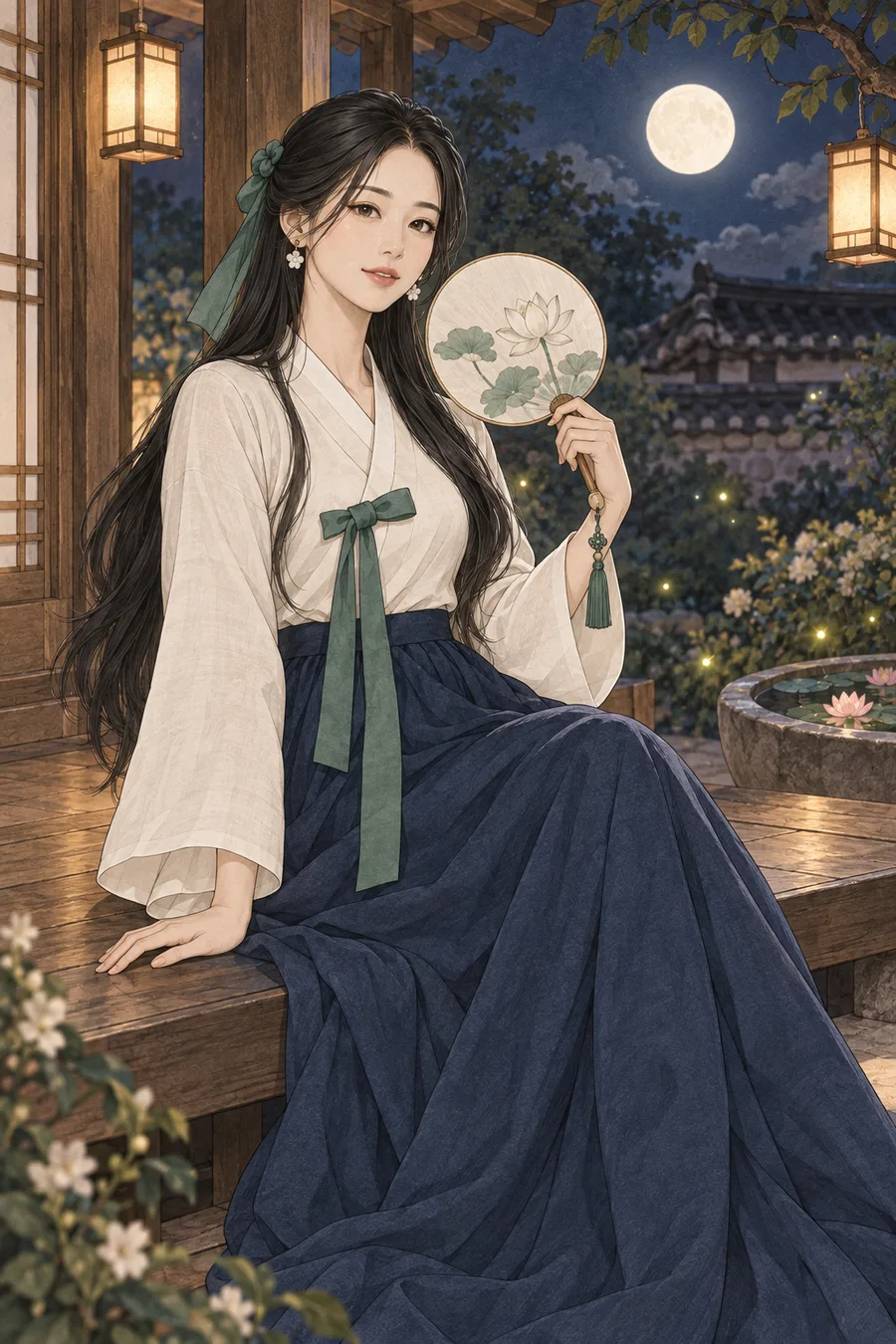 달빛 비치는 여름 한옥 마루 색칠공부 컬러 예시 - 달과 한지등이 빛나는 여름 한옥 마루에서 둥근 부채를 든 긴 검은 머리의 해원