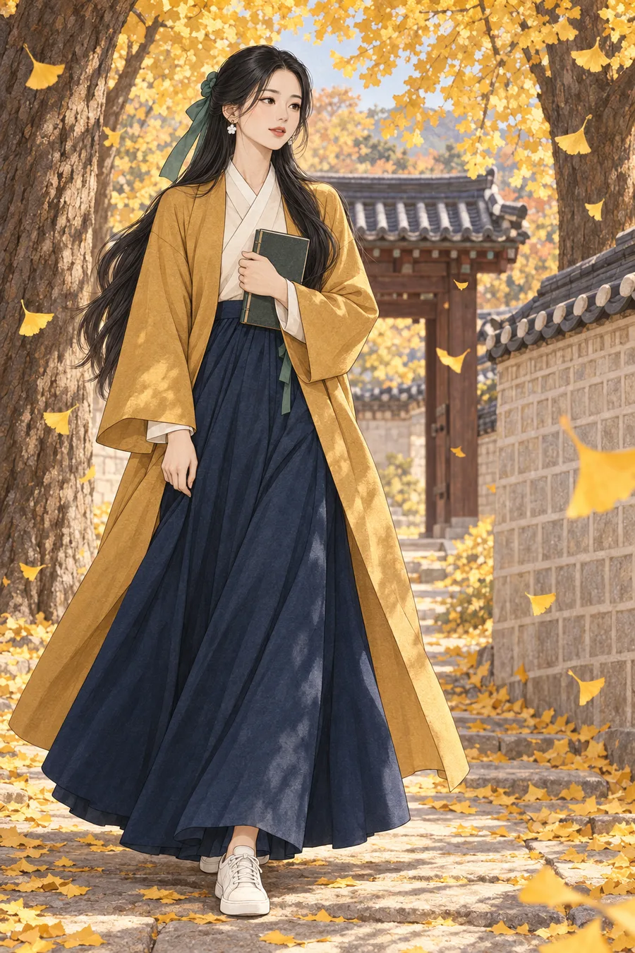 은행잎 물든 궁궐길 색칠공부 컬러 예시 - 노란 은행잎이 가득 물든 가을 궁궐 돌담길에서 책을 품에 든 긴 검은 머리의 해원