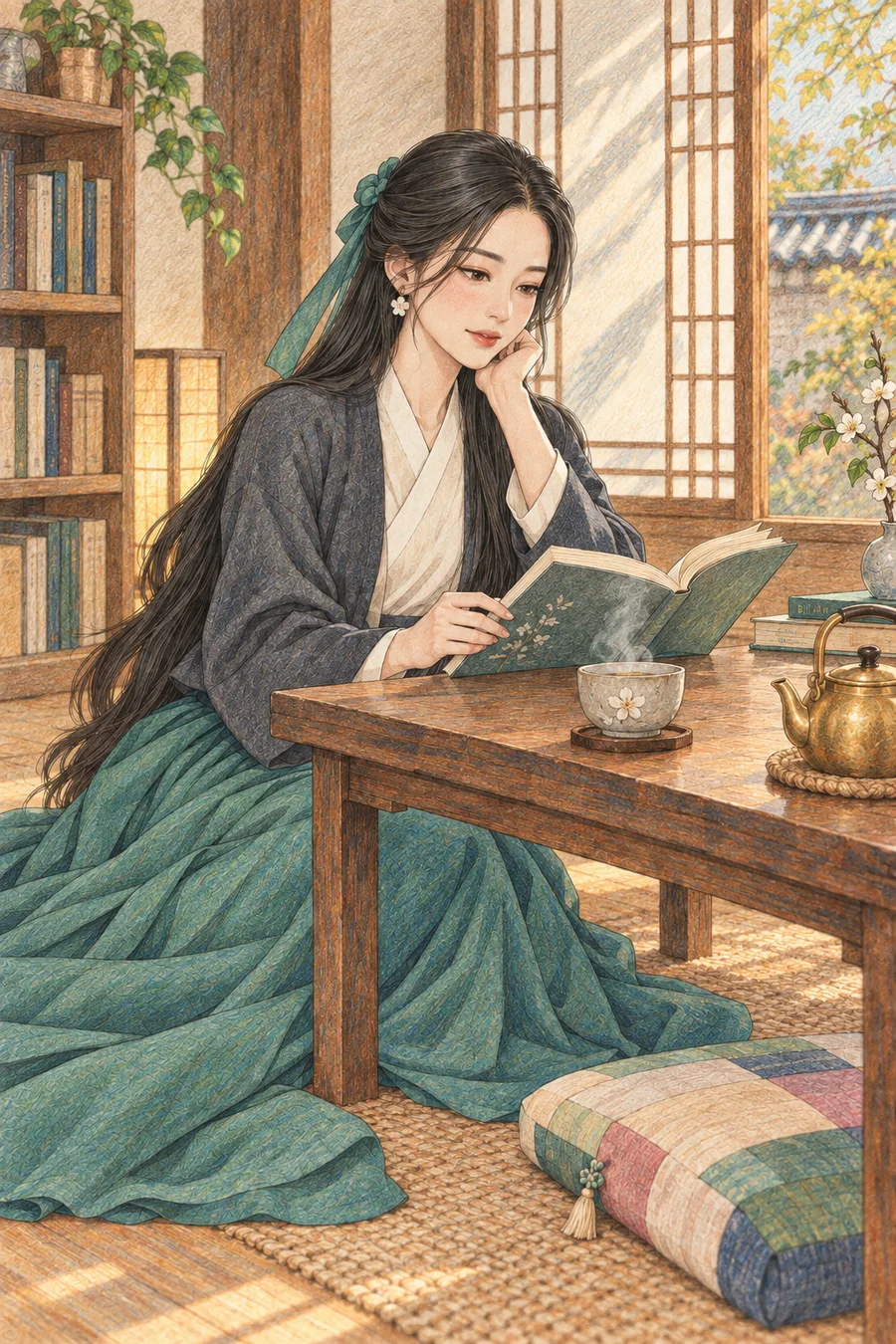 Modelo a lápiz de colores de cafetería librería en un hanok para colorear, Haewon noviembre