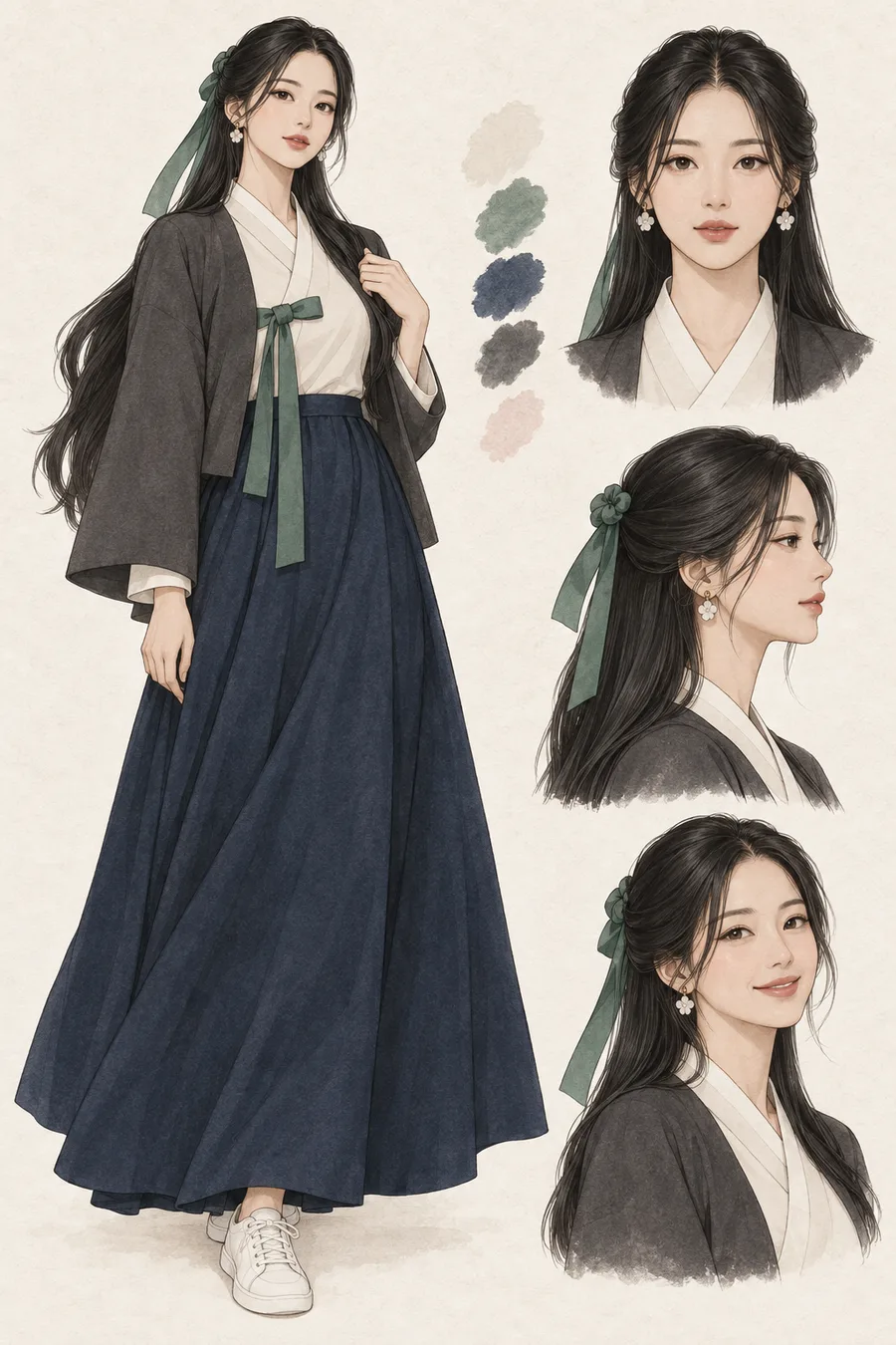 긴 검은 머리와 옥색 매듭 리본을 한 한국인 여성 캐릭터 해원의 전신과 표정 디자인 시트