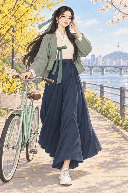 개나리 핀 한강 산책길 색칠공부 컬러 예시 - 개나리가 핀 한강 산책길에서 자전거와 함께 봄을 맞는 긴 검은 머리의 해원