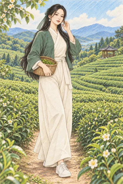 초록빛 한국 차밭 색칠공부 색연필 예시 - 초록 차밭과 정자를 배경으로 찻잎 바구니를 든 긴 검은 머리의 해원을 원본 구도로 유지해 따뜻한 종이 질감과 겹친 색연필 선으로 다시 그린 일러스트