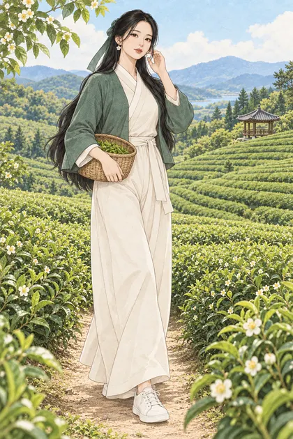 초록빛 한국 차밭 색칠공부 컬러 예시 - 초록 차밭과 정자를 배경으로 찻잎 바구니를 든 긴 검은 머리의 해원