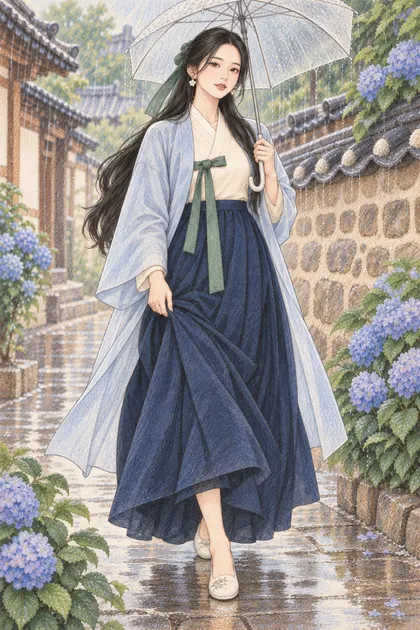 수국 핀 비 오는 한옥길 색칠공부 색연필 예시 - 수국이 핀 비 오는 한옥 골목에서 우산을 든 긴 검은 머리의 해원을 원본 구도로 유지해 따뜻한 종이 질감과 겹친 색연필 선으로 다시 그린 일러스트