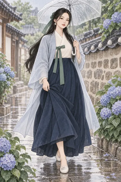 수국 핀 비 오는 한옥길 색칠공부 컬러 예시 - 수국이 핀 비 오는 한옥 골목에서 우산을 든 긴 검은 머리의 해원