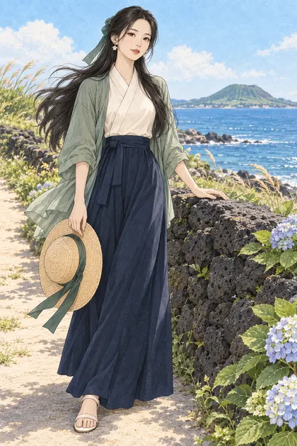 제주 돌담과 여름 바다 색칠공부 컬러 예시 - 제주 현무암 돌담과 바다 앞에서 밀짚모자를 든 긴 검은 머리의 해원