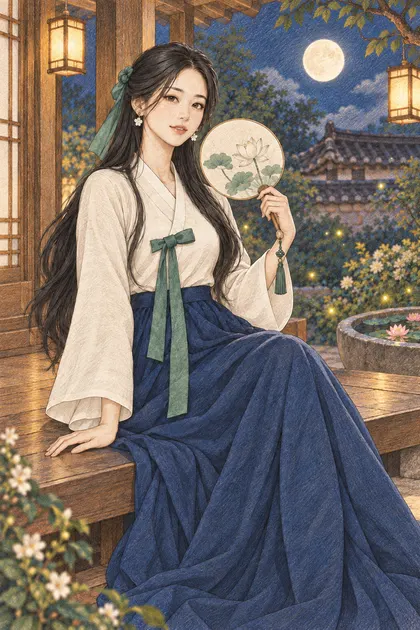 달빛 비치는 여름 한옥 마루 색칠공부 색연필 예시 - 달과 한지등이 빛나는 여름 한옥 마루에서 둥근 부채를 든 긴 검은 머리의 해원을 원본 구도로 유지해 따뜻한 종이 질감과 겹친 색연필 선으로 다시 그린 일러스트