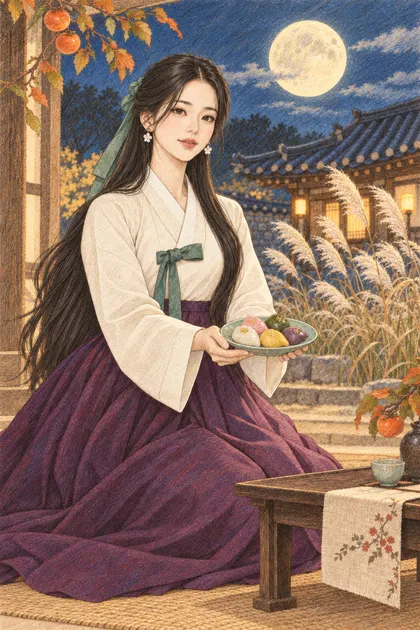 한가위 보름달과 송편 색칠공부 색연필 예시 - 보름달과 억새가 보이는 한옥에서 송편 접시를 든 긴 검은 머리의 해원을 원본 구도로 유지해 따뜻한 종이 질감과 겹친 색연필 선으로 다시 그린 일러스트