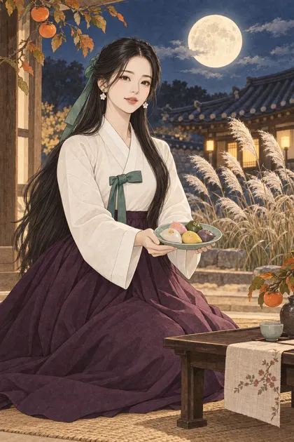 한가위 보름달과 송편 색칠공부 컬러 예시 - 보름달과 억새가 보이는 한옥에서 송편 접시를 든 긴 검은 머리의 해원