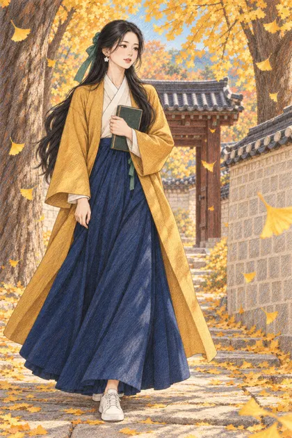 은행잎 물든 궁궐길 색칠공부 색연필 예시 - 노란 은행잎이 가득 물든 가을 궁궐 돌담길에서 책을 품에 든 긴 검은 머리의 해원을 원본 구도로 유지해 따뜻한 종이 질감과 겹친 색연필 선으로 다시 그린 일러스트