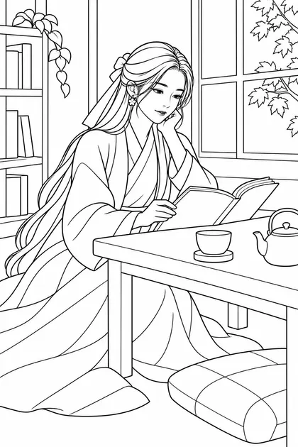 고요한 한옥 북카페 색칠공부 도안 - 늦가을의 고요한 한옥 북카페 창가에 앉아 따뜻한 차와 책을 즐기는 긴 검은 머리의 해원을 쉽게 칠할 수 있도록 단순화한 흑백 컬러링 도안