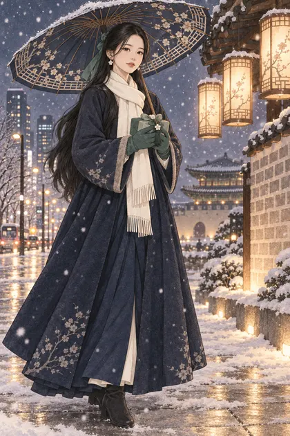 눈 내리는 서울과 궁궐 색칠공부 컬러 예시 - 눈 내리는 서울의 궁궐 앞에서 우산과 선물을 든 긴 검은 머리의 해원
