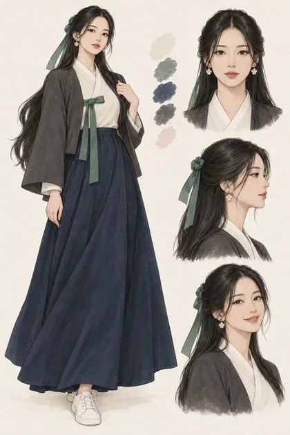 긴 검은 머리와 옥색 매듭 리본을 한 한국인 여성 캐릭터 해원의 전신과 표정 디자인 시트
