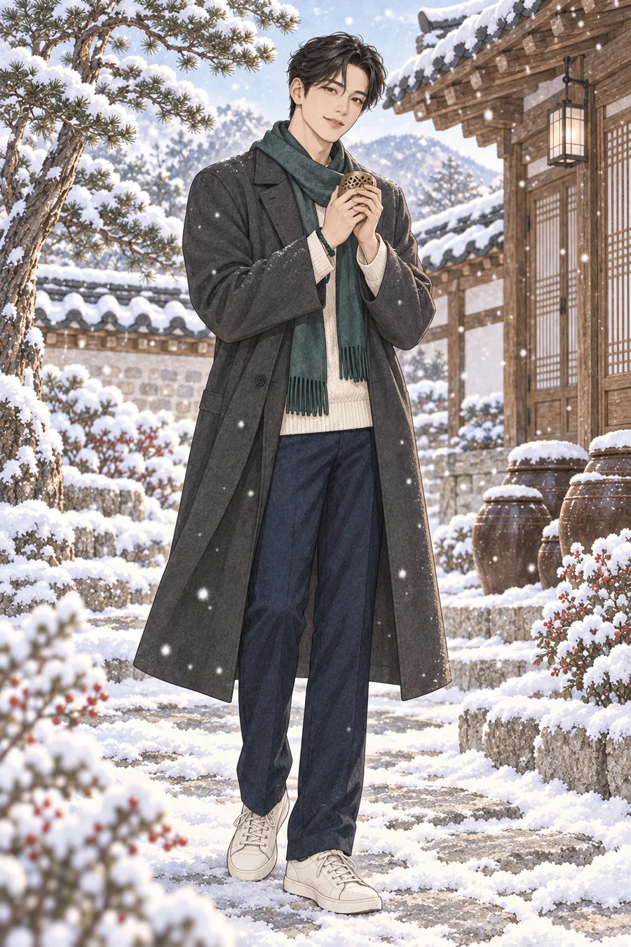 Modelo en color de patio nevado de un hanok para colorear, Jinwoo enero