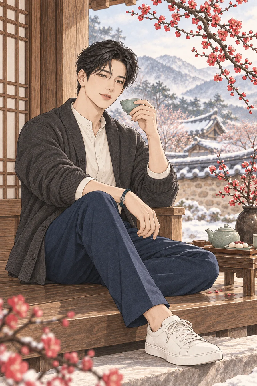 Modelo en color de flores de ciruelo y té coreano para colorear, Jinwoo febrero