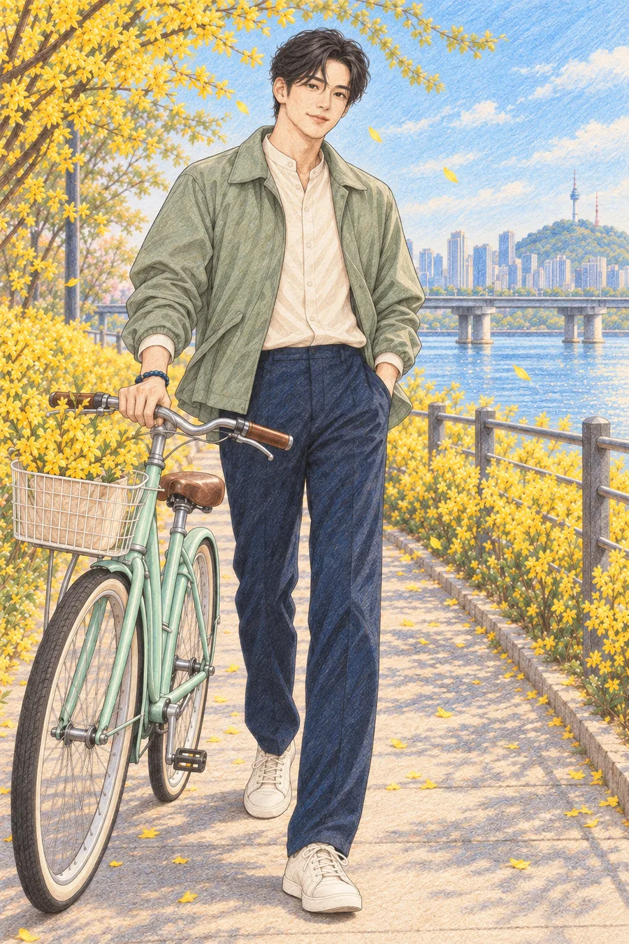 개나리 핀 한강 산책길 색칠공부 색연필 예시 - 개나리가 핀 한강 산책길에서 자전거와 함께 봄을 맞는 짧은 웨이브 검은 머리의 진우을 원본 구도로 유지해 따뜻한 종이 질감과 겹친 색연필 선으로 다시 그린 일러스트