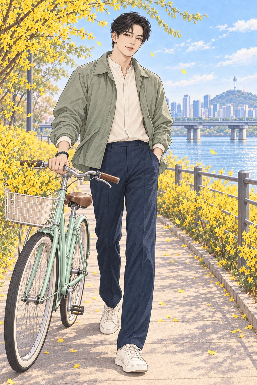 개나리 핀 한강 산책길 색칠공부 컬러 예시 - 개나리가 핀 한강 산책길에서 자전거와 함께 봄을 맞는 짧은 웨이브 검은 머리의 진우