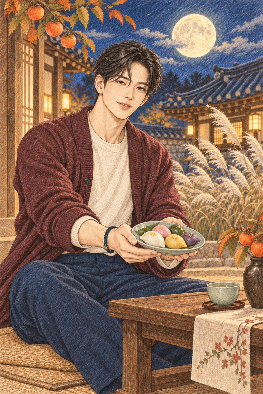 한가위 보름달과 송편 색칠공부 색연필 예시 - 보름달과 억새가 보이는 한옥에서 송편 접시를 든 짧은 웨이브 검은 머리의 진우을 원본 구도로 유지해 따뜻한 종이 질감과 겹친 색연필 선으로 다시 그린 일러스트