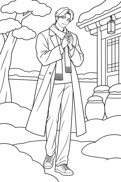 눈 내리는 한옥 마당 색칠공부 도안 - 눈 내리는 한옥 마당에서 손난로를 든 짧은 웨이브 검은 머리의 한국인 남성 진우을 쉽게 칠할 수 있도록 단순화한 흑백 컬러링 도안
