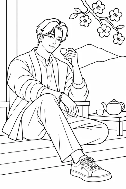 매화와 전통 찻자리 색칠공부 도안 - 매화가 핀 한옥 툇마루에서 청자 찻잔을 든 짧은 웨이브 검은 머리의 진우을 쉽게 칠할 수 있도록 단순화한 흑백 컬러링 도안