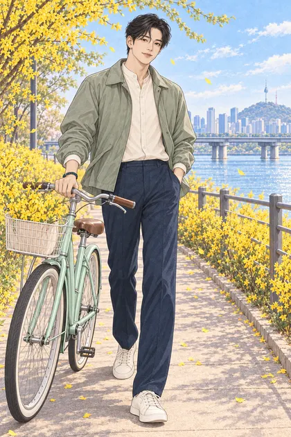개나리 핀 한강 산책길 색칠공부 컬러 예시 - 개나리가 핀 한강 산책길에서 자전거와 함께 봄을 맞는 짧은 웨이브 검은 머리의 진우