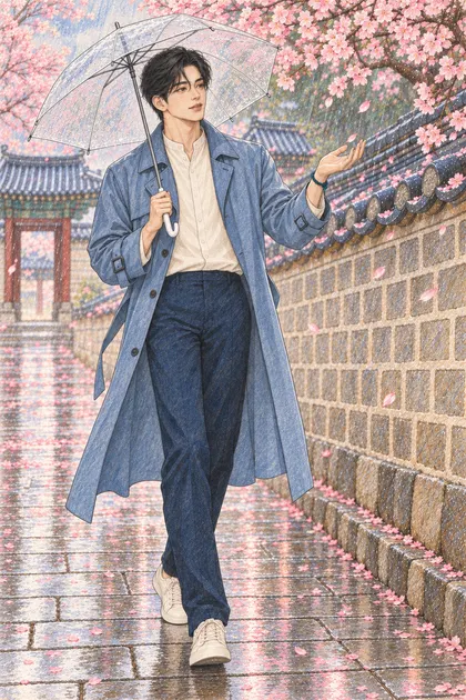 봄비 내리는 궁궐 돌담길 색칠공부 색연필 예시 - 벚꽃 봄비가 내리는 궁궐 돌담길에서 투명 우산을 든 짧은 웨이브 검은 머리의 진우을 원본 구도로 유지해 따뜻한 종이 질감과 겹친 색연필 선으로 다시 그린 일러스트