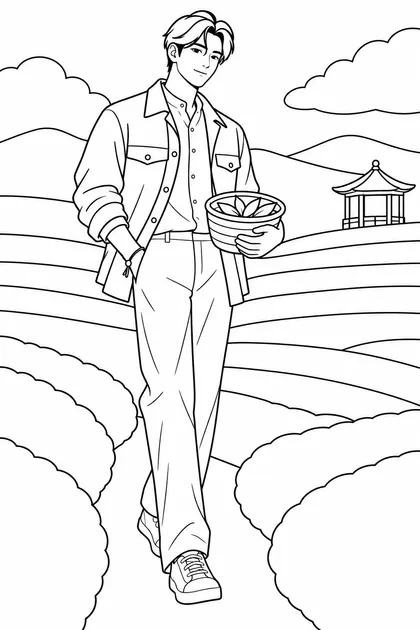 초록빛 한국 차밭 색칠공부 도안 - 초록 차밭과 정자를 배경으로 찻잎 바구니를 든 짧은 웨이브 검은 머리의 진우을 쉽게 칠할 수 있도록 단순화한 흑백 컬러링 도안