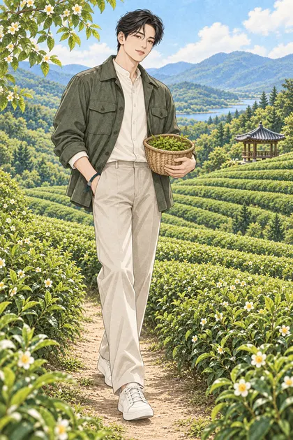 초록빛 한국 차밭 색칠공부 컬러 예시 - 초록 차밭과 정자를 배경으로 찻잎 바구니를 든 짧은 웨이브 검은 머리의 진우
