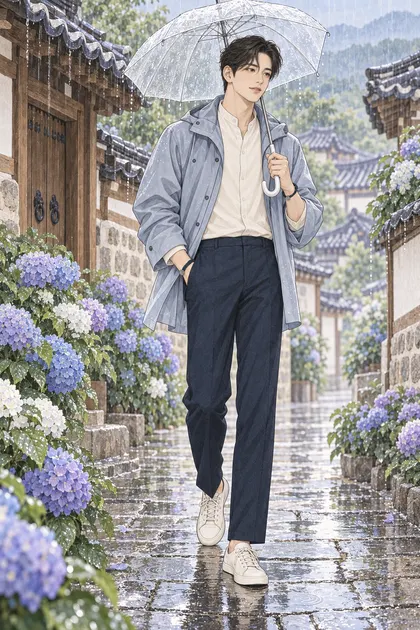 수국 핀 비 오는 한옥길 색칠공부 컬러 예시 - 수국이 핀 비 오는 한옥 골목에서 우산을 든 짧은 웨이브 검은 머리의 진우