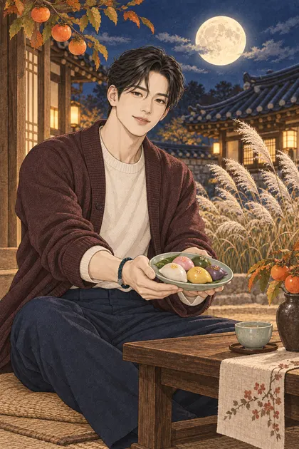 한가위 보름달과 송편 색칠공부 컬러 예시 - 보름달과 억새가 보이는 한옥에서 송편 접시를 든 짧은 웨이브 검은 머리의 진우