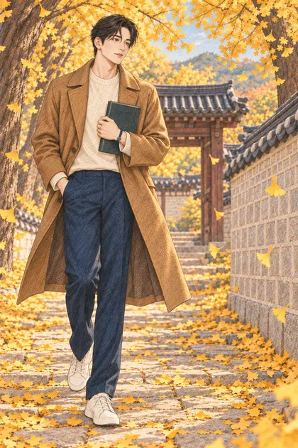 은행잎 물든 궁궐길 색칠공부 색연필 예시 - 노란 은행잎이 가득 물든 가을 궁궐 돌담길에서 책을 품에 든 짧은 웨이브 검은 머리의 진우을 원본 구도로 유지해 따뜻한 종이 질감과 겹친 색연필 선으로 다시 그린 일러스트