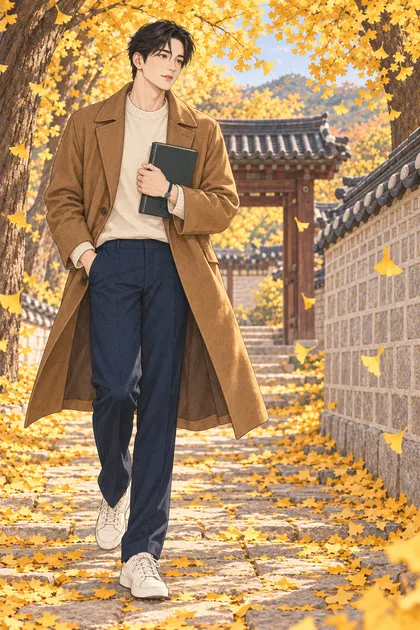 은행잎 물든 궁궐길 색칠공부 컬러 예시 - 노란 은행잎이 가득 물든 가을 궁궐 돌담길에서 책을 품에 든 짧은 웨이브 검은 머리의 진우