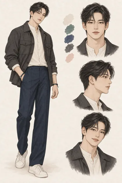 짧은 웨이브 검은 머리와 현대적인 캐주얼 의상을 한 한국인 남성 캐릭터 진우의 전신과 표정 디자인 시트