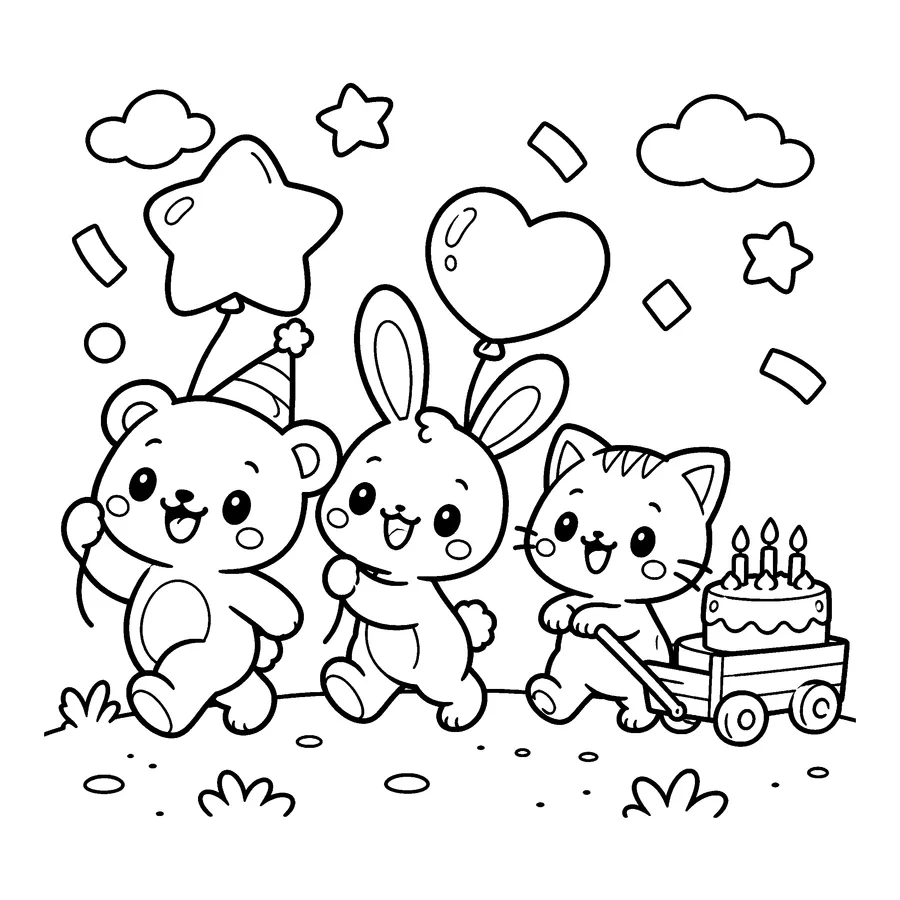 동물 친구 생일 퍼레이드 색칠공부 도안 - 풍선과 케이크를 든 동물 친구들 귀여운 동물 친구 흑백 색칠공부 도안