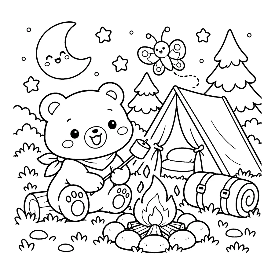 별빛 아래 곰 캠핑 색칠공부 도안 - 별을 보며 캠핑하는 아기 곰 귀여운 동물 친구 흑백 색칠공부 도안