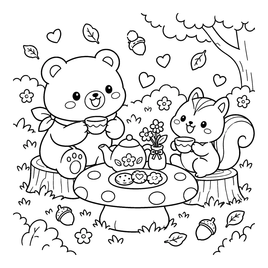 숲속 동물 티파티 색칠공부 도안 - 곰과 다람쥐의 숲속 티파티 귀여운 동물 친구 흑백 색칠공부 도안