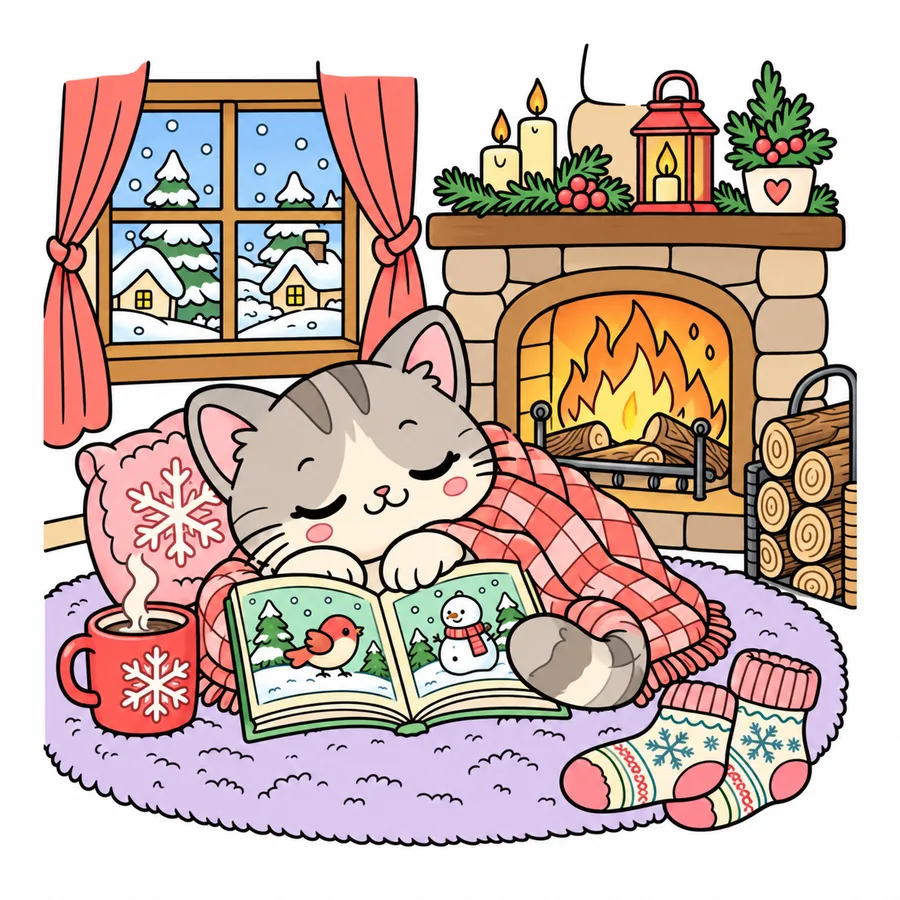 Modèle en couleur du coloriage Chaton lisant près de la cheminée