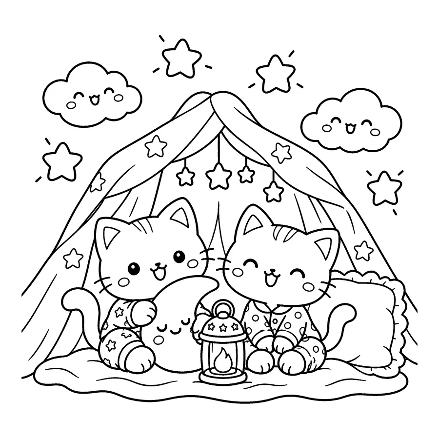아기 고양이 별빛 파자마 파티 색칠공부 도안 - 담요 요새에서 노는 아기 고양이들 귀여운 동물 친구 흑백 색칠공부 도안