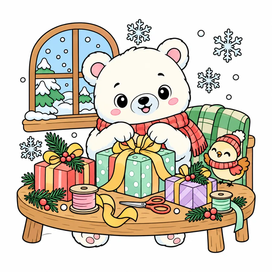 Modelo en color de Oso polar envolviendo regalos de invierno para colorear